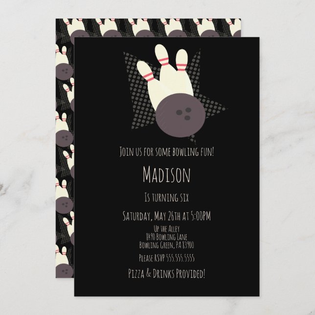 Modern Bowling Alley Birthday Party  Black Invitation (Front/Back)