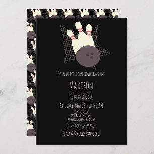 Modern Bowling Alley Birthday Party  Black Invitation