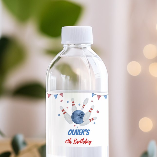Modern Bowling Birthday Party Water Bottle Label (Creator Uploaded)