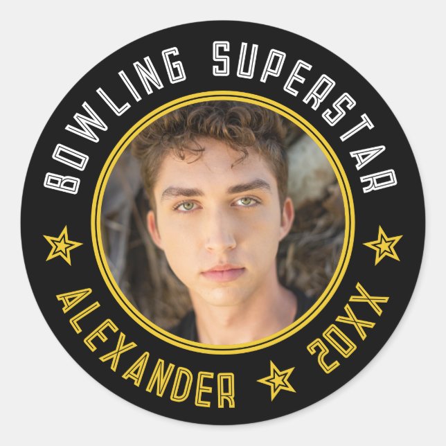 Modern Bowling Superstar Name Photo Date Black  Classic Round Sticker (Front)