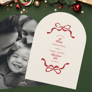 Modern Bows Cream Red Photo christmas arch card