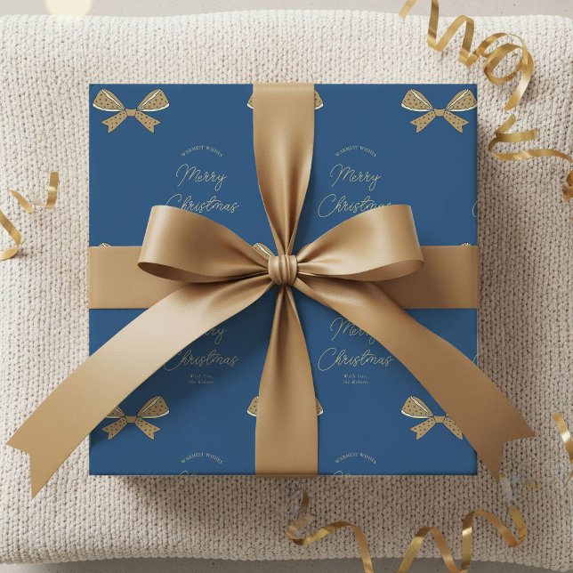 Modern Bows Family Name Christmas Blue & Cream Wrapping Paper (Elegant bows and ribbons blue and cream Christmas gift wrapping paper with your custom name)