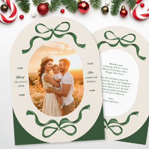 Modern Bows Green Oval Photo Christmas Arch Cards