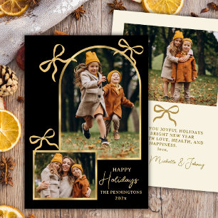 Modern Bows Happy Holidays Gold Arch 3 Photo Black Holiday Card