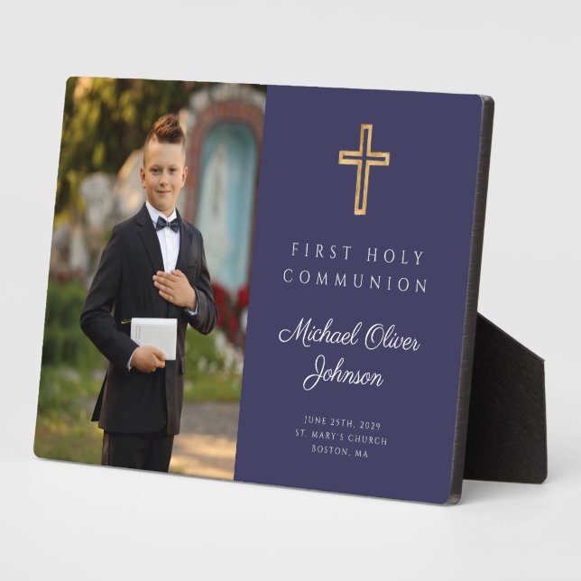 Modern Boy Blue First Holy Communion Photo Plaque (Side)