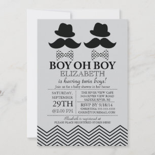 Modern Boy Little Man Moustache TWINS Baby Shower Invitation