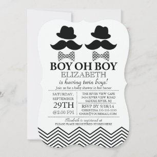 Modern Boy Little Man Moustache TWINS Baby Shower Invitation