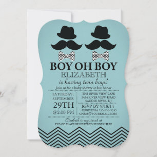 Modern Boy Little Man Moustache TWINS Baby Shower Invitation