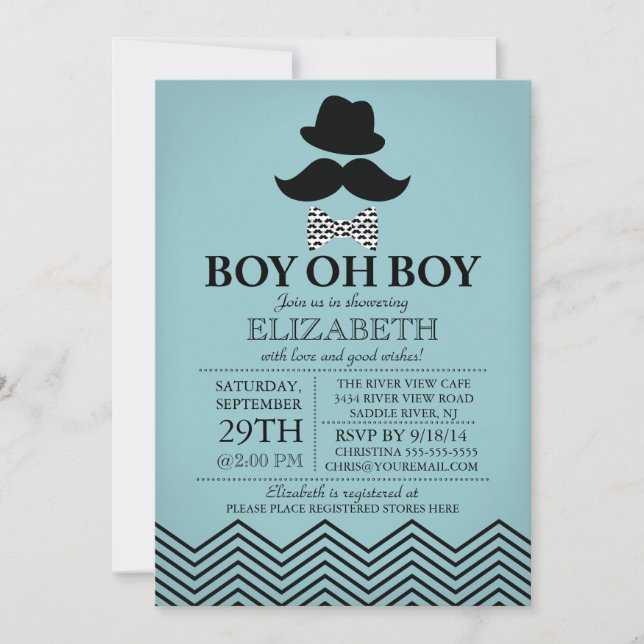 Modern Boy Oh Boy Little Man Moustache Baby Shower Invitation (Front)