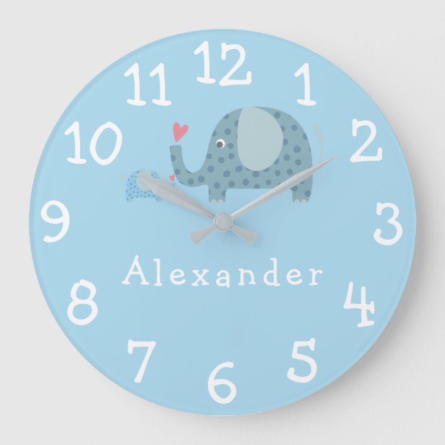 Modern Boy Personalised Polka Dot Elephants Large Clock (Front)