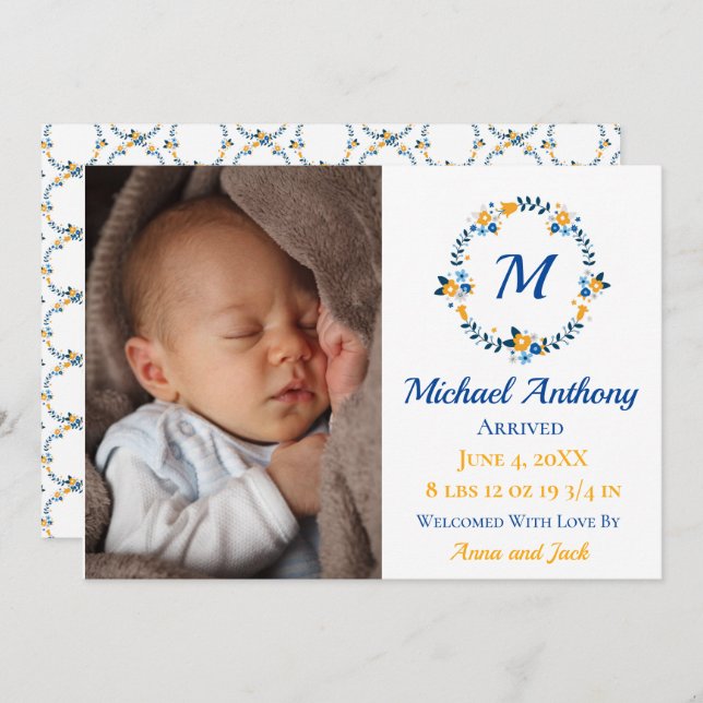 Modern Boy Photo Monogram Birth Announcement Stats (Front/Back)