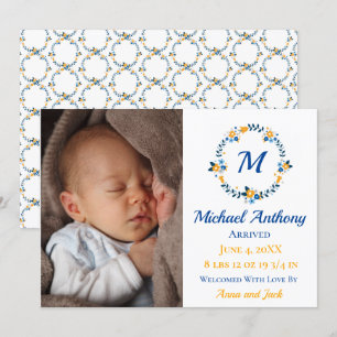 Modern Boy Photo Monogram Birth Announcement Stats