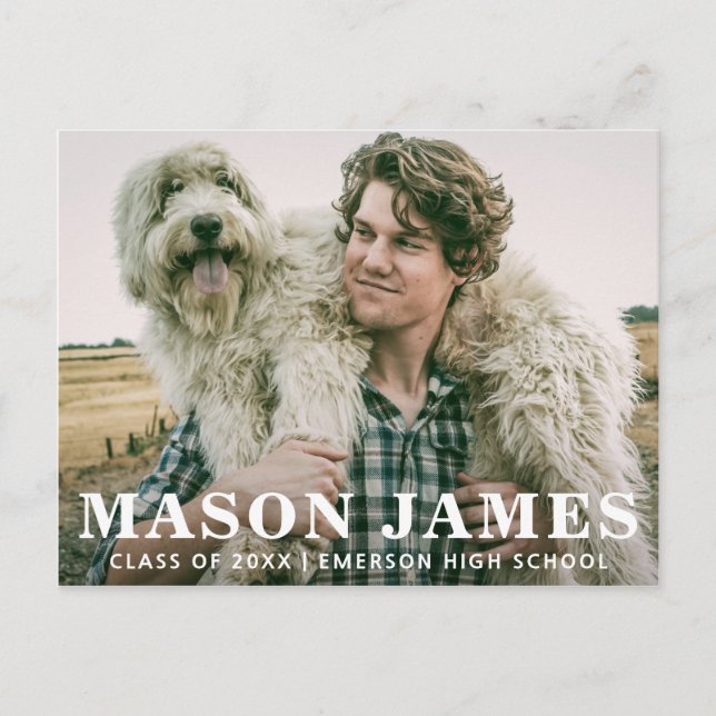 Modern Boy Photo Text Overlay Graduation Announcement Postcard (Front)