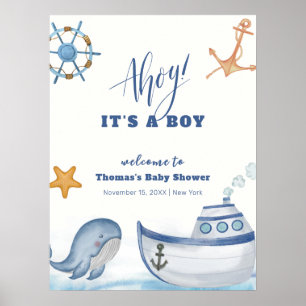 Modern Boy Whale Sailboat Baby Shower Welcome  Poster