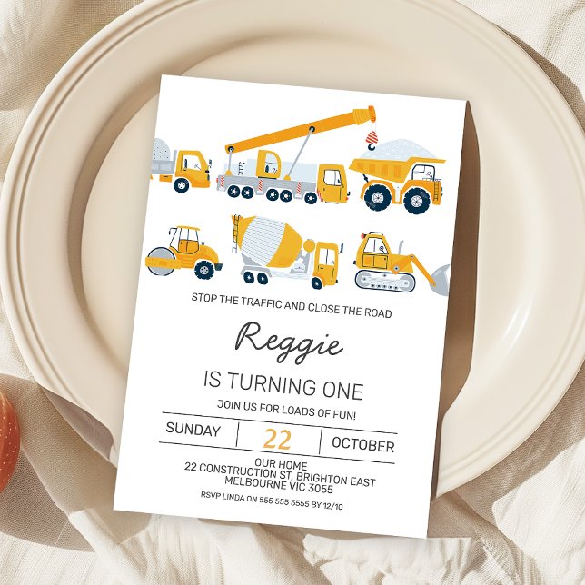 Modern Boys Construction Vehicles Birthday Invitation (Editable Construction 1st Birthday Invitation Boy, Any Age Modern Construction Birthday Invite,   )