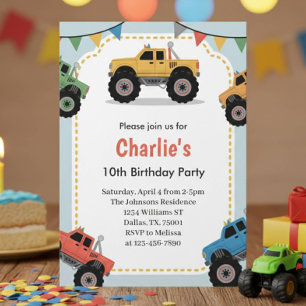 Modern Boys Monster Truck Birthday Party Invitation