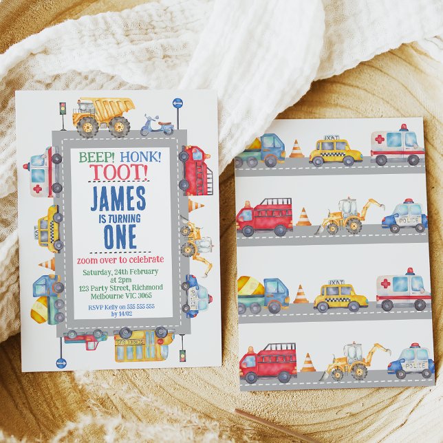 Modern Boys Road Transport 1st Birthday Invitation (Cute transport themed boy's first birthday invitation with various vehicles, signs, lights and road)