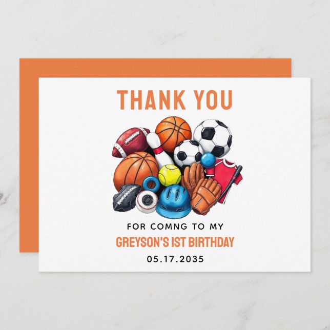 Modern Boys Sports Balls All Star 1st Birthday  Thank You Card (Front/Back)