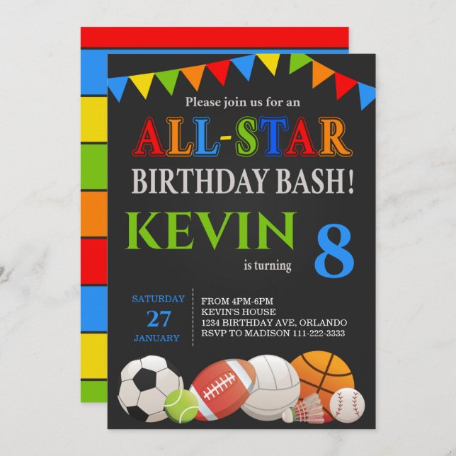 Modern Boys Sports Birthday Invitation (Front/Back)