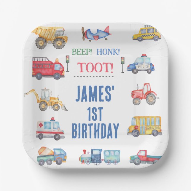 Modern Boys Transport 1st Birthday Paper Plate (Front)