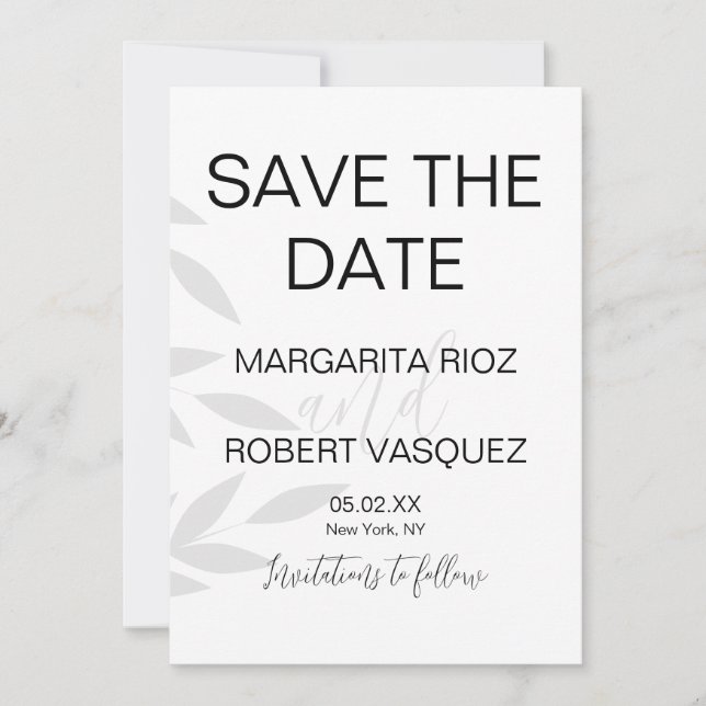 Modern Branch Grey White Script Save the Dates Invitation (Front)