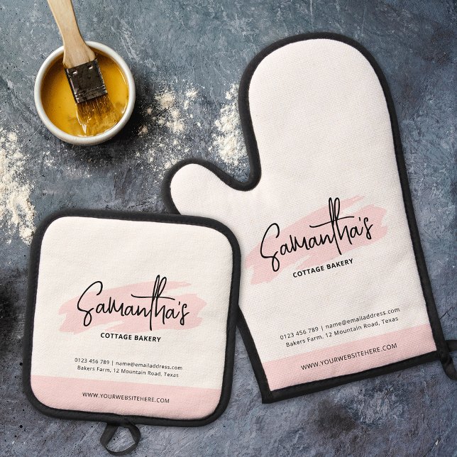 Modern Branded Business Logo Girly Cute Pink Oven Mitt & Pot Holder Set (Fully customizable pink cute oven mitt and pot holder design with your brand name or logo)