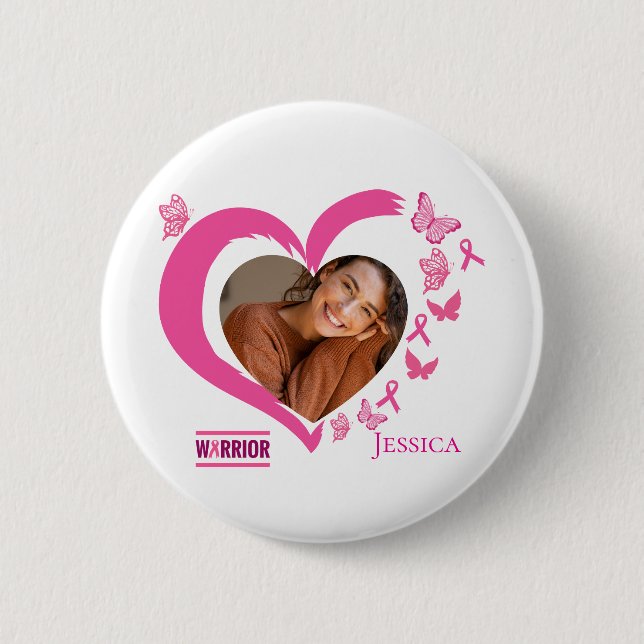 Modern Breast Cancer Custom Heart Photo Name  6 Cm Round Badge (Front)