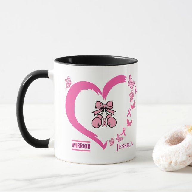 Modern Breast Cancer Warrior Customisable Name  Mug (With Donut)