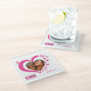 Modern Breast Cancer Warrior Photo Name Glass Coaster