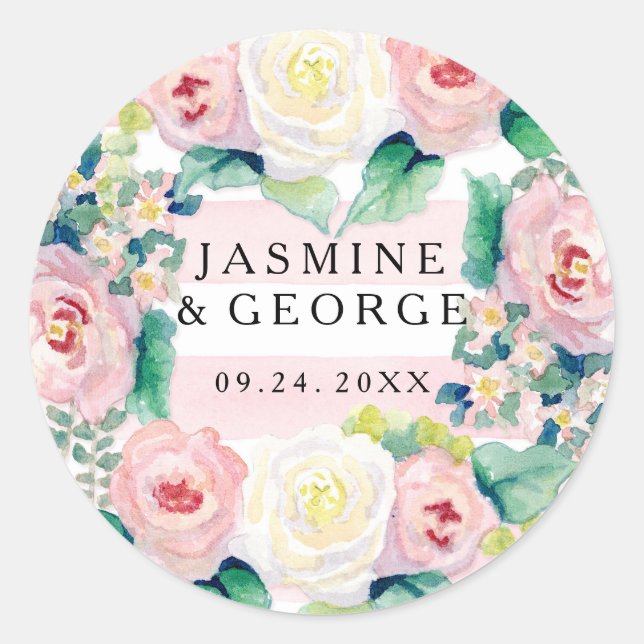 MODERN Bridal Shower Chic Wide Stripes w Roses Classic Round Sticker (Front)