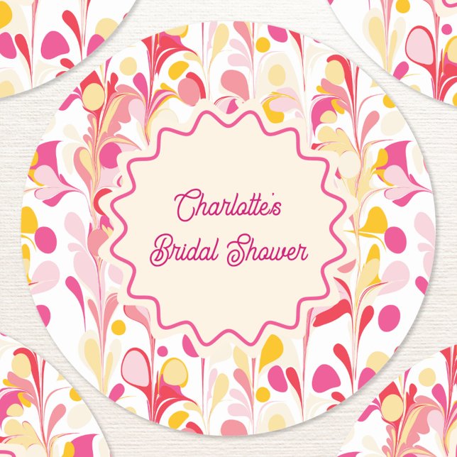 Modern Bridal Shower Retro Abstract Pink Wavy Classic Round Sticker (Modern abstract groovy abstract wavy personalized bridal shower sticker)
