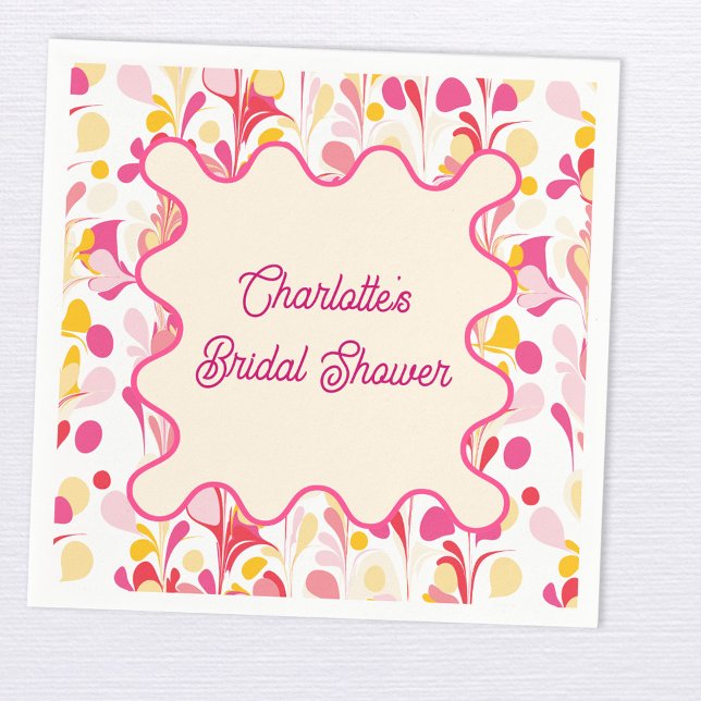 Modern Bridal Shower Retro Abstract Pink Wavy Napkin (Modern abstract groovy abstract wavy personalized bridal shower party paper napkin)