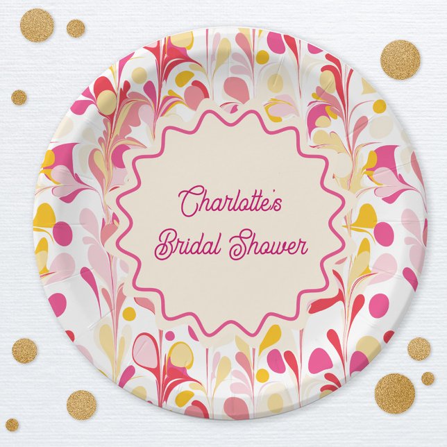 Modern Bridal Shower Retro Abstract Pink Wavy Paper Plate (Modern abstract groovy abstract wavy personalized bridal shower party paper plates)