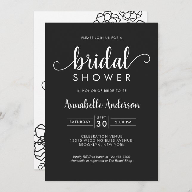 Modern Bridal Shower Script Floral Classic Black Invitation (Front/Back)