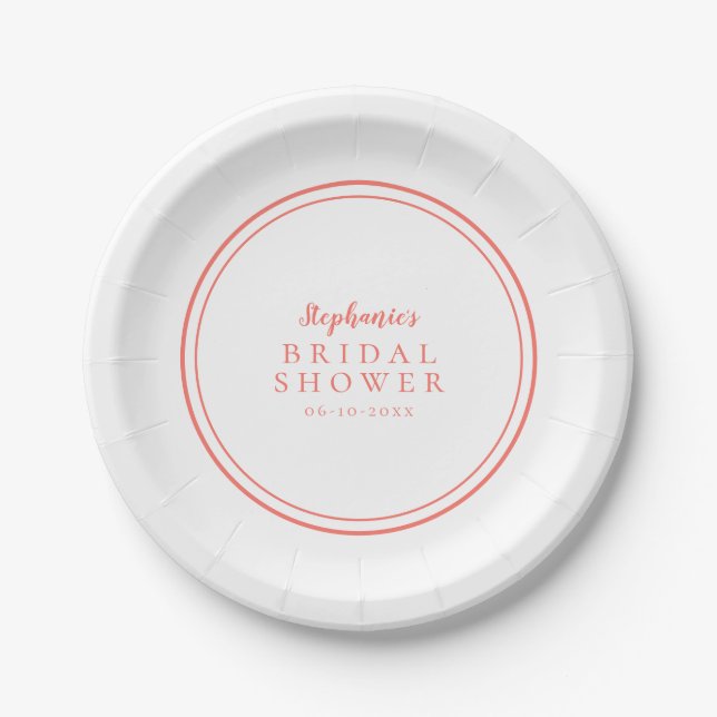Modern Bridal Shower Simple Coral Custom Party Paper Plate (Front)