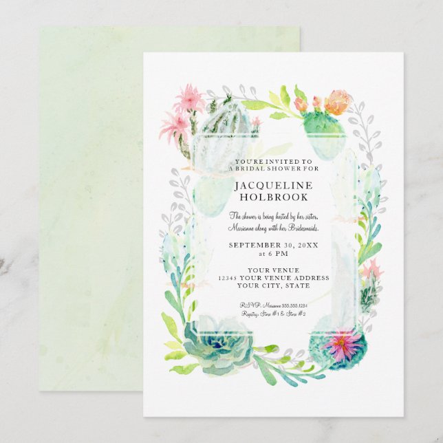Modern Bridal Shower Watercolor Desert Cactus Art Invitation (Front/Back)