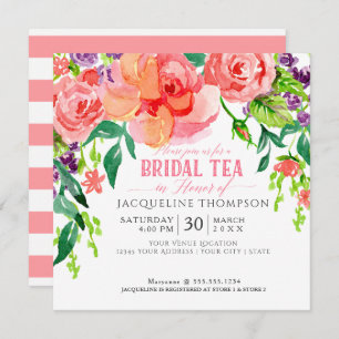 Modern Bridal Tea Party Floral Coral Pink Roses Invitation