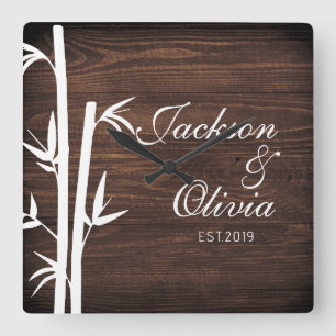 Modern Bride And Groom Custom Name And Date Square Wall Clock