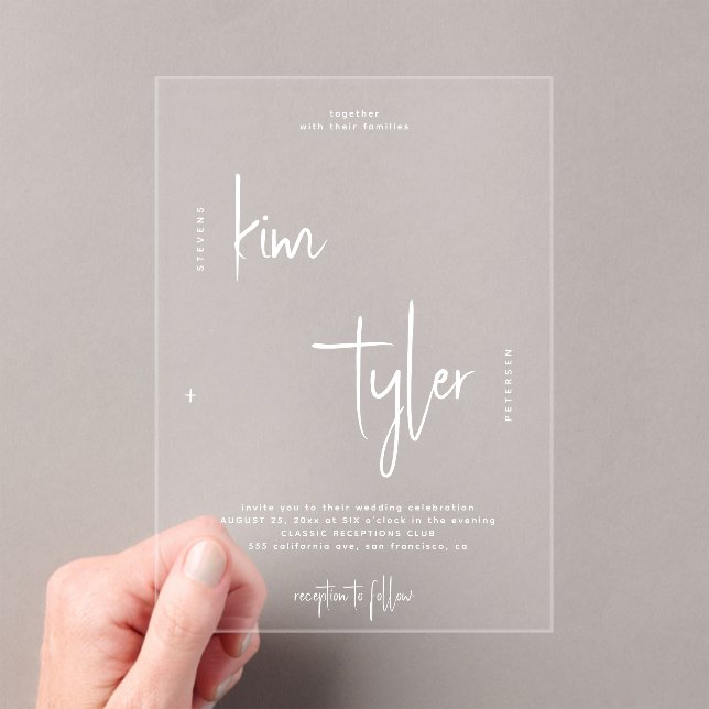 Modern bride and groom script names wedding acrylic invitations (Insitu (Handheld))
