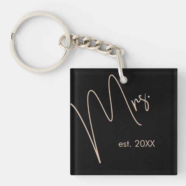 Modern Bride | Beige + Black Script Key Ring (Front)