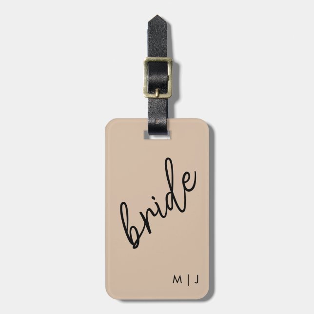 Modern Bride | Beige + Black Script Luggage Tag (Front Vertical)