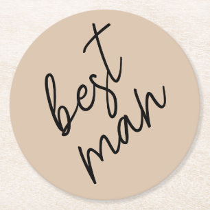 Modern Bride   Beige + Black Script Round Paper Coaster