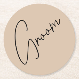 Modern Bride   Beige + Black Script Round Paper Coaster