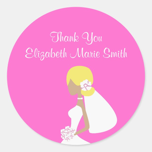 Modern Bride Blonde Silhouette Sticker-Pink Classic Round Sticker (Front)