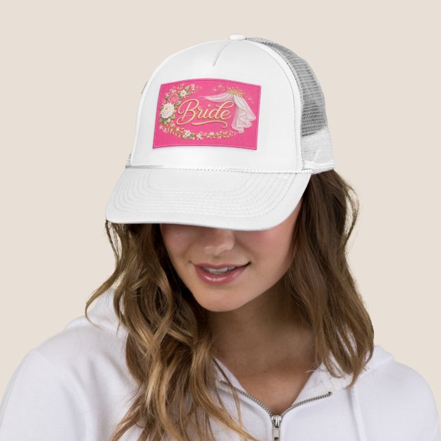 Modern Bride Embroidered Hat Patch - Hot Pink (In Situ)