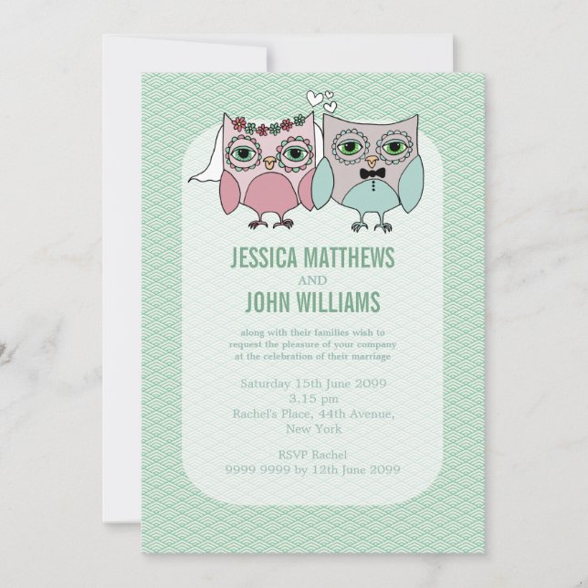 Modern Bride & Groom Owl Couple Wedding Invite (Front)
