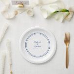 Modern Bride Groom Weddings Party Decor Blue White Paper Plate<br><div class="desc">Simple, minimalist and chic Wedding party plates feature the names of the bride and groom with the wedding event date in elegant classic blue lettering and script. This modern design includes a double framed border in trendy blue on a minimalist white background. Personalise with your wedding details! Perfect for your...</div>