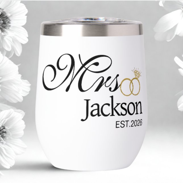Modern Bride Name Wedding Ring Date Black Text  (Modern custom bride name and date wine tumbler)