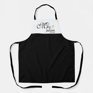 Modern Bride Name Wedding Ring Date Black Text Apron