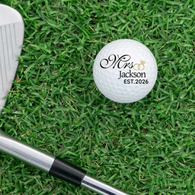 Modern Bride Name Wedding Ring Date Black Text Golf Balls (Modern bride name and date golf ball)